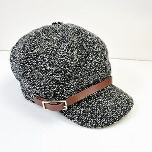 David & Young Cabbie Hat Womens OS Newsboy Boucle Tweed Knit B&W Stretch